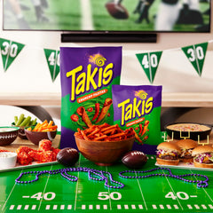 Bowl of Takis at a party showing Takis brand and celebratory sharing convenience
