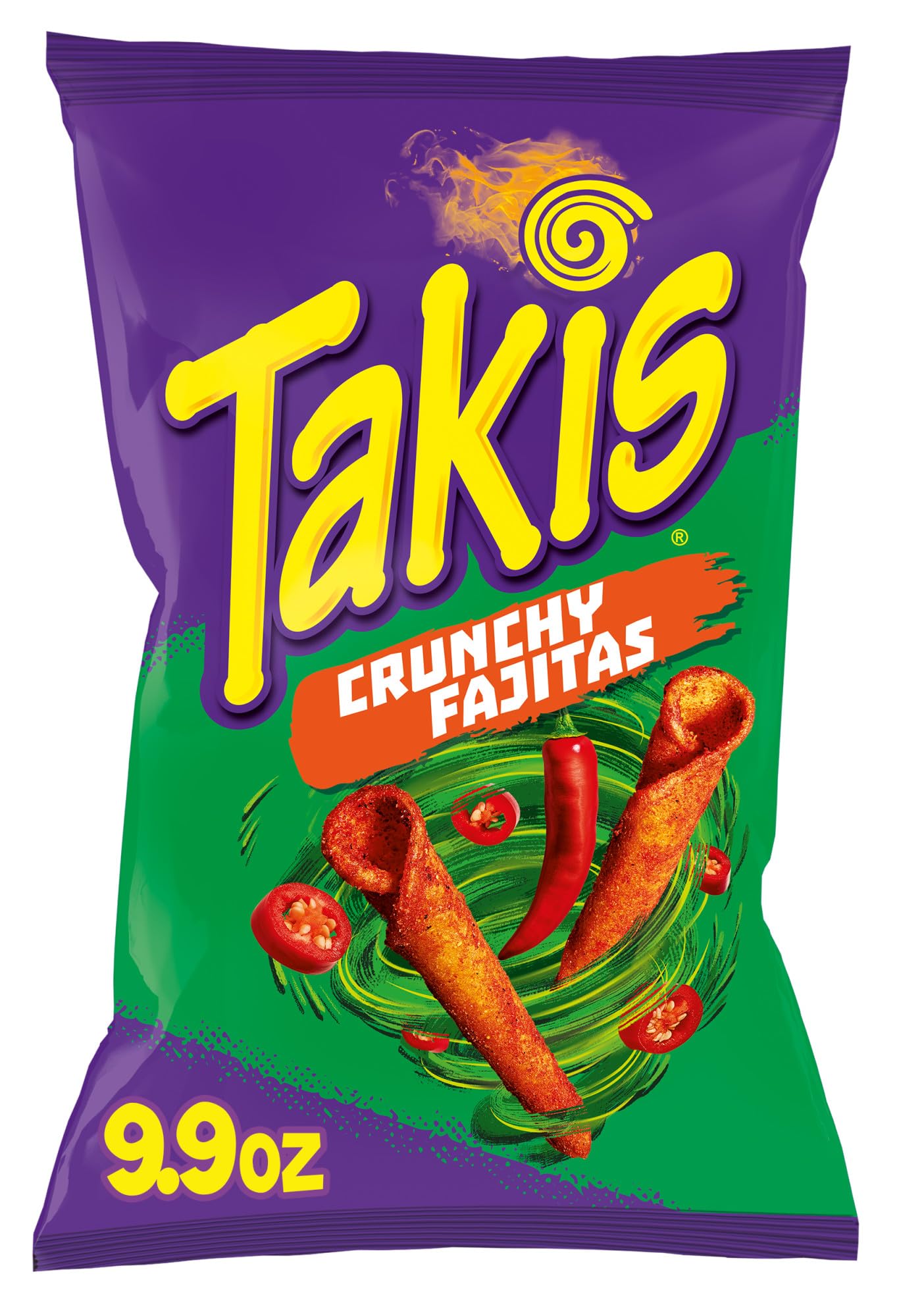 Takis bag front view showing brand and sharing size, enticing snack appeal