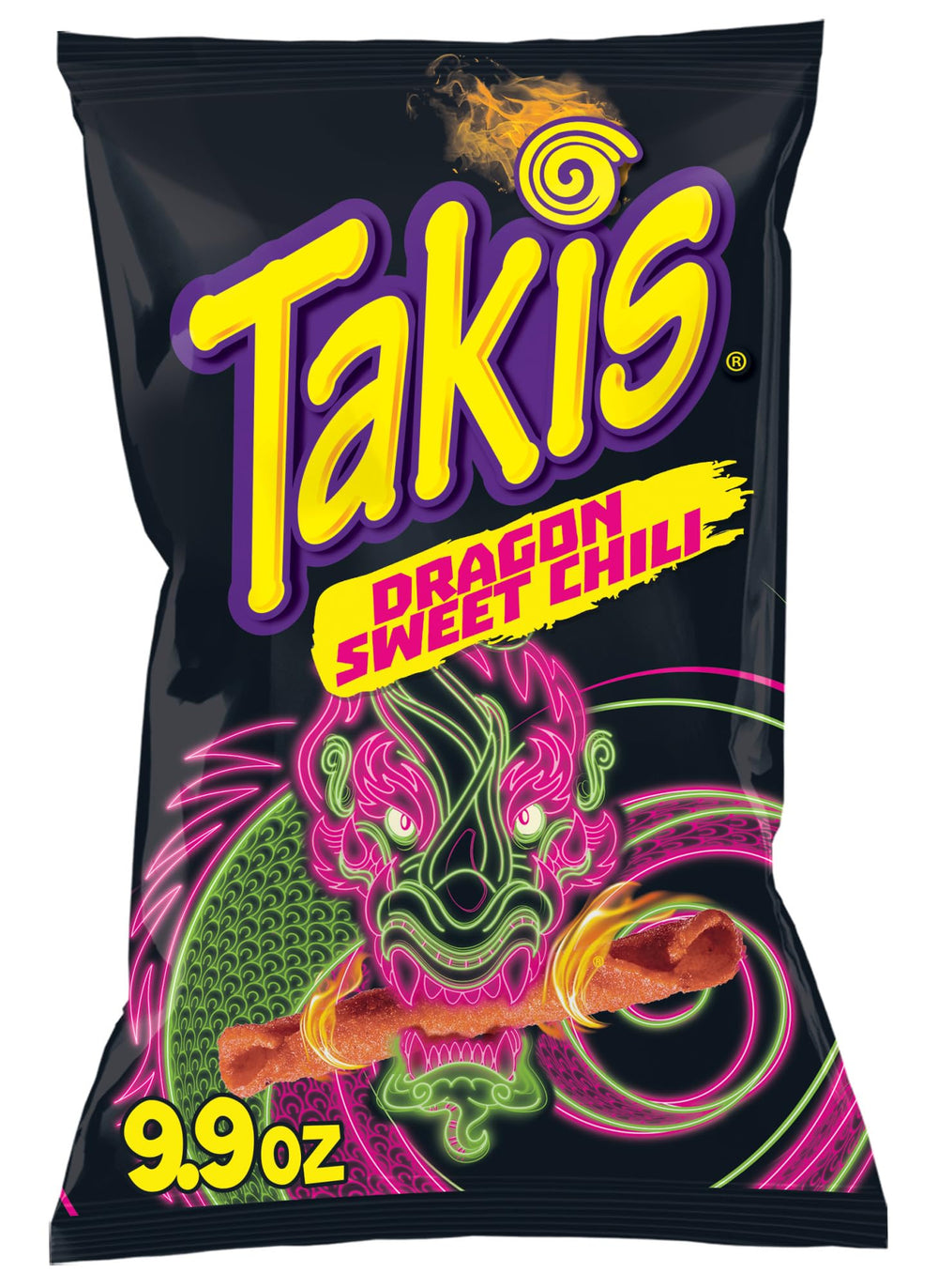 Takis front packaging showing Dragon Sweet Chili bag and bold branding for eye-catching snack choice