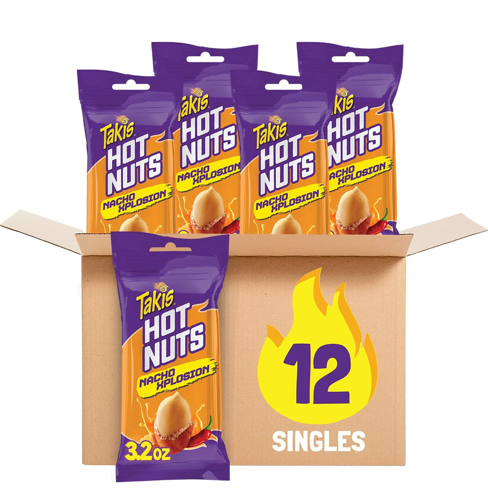 Takis front packaging showing nacho xplosion hot nuts and bold branding for convenience