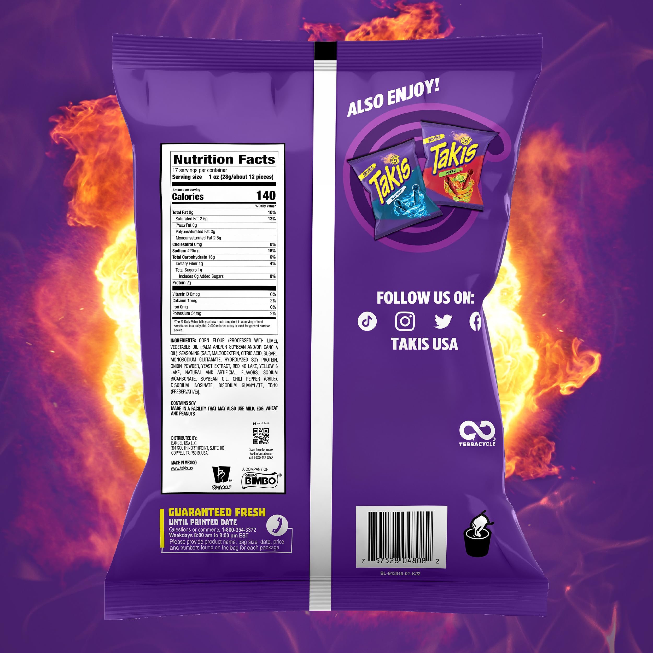 Takis Fuego bag back view shows nutrition info for quick choices