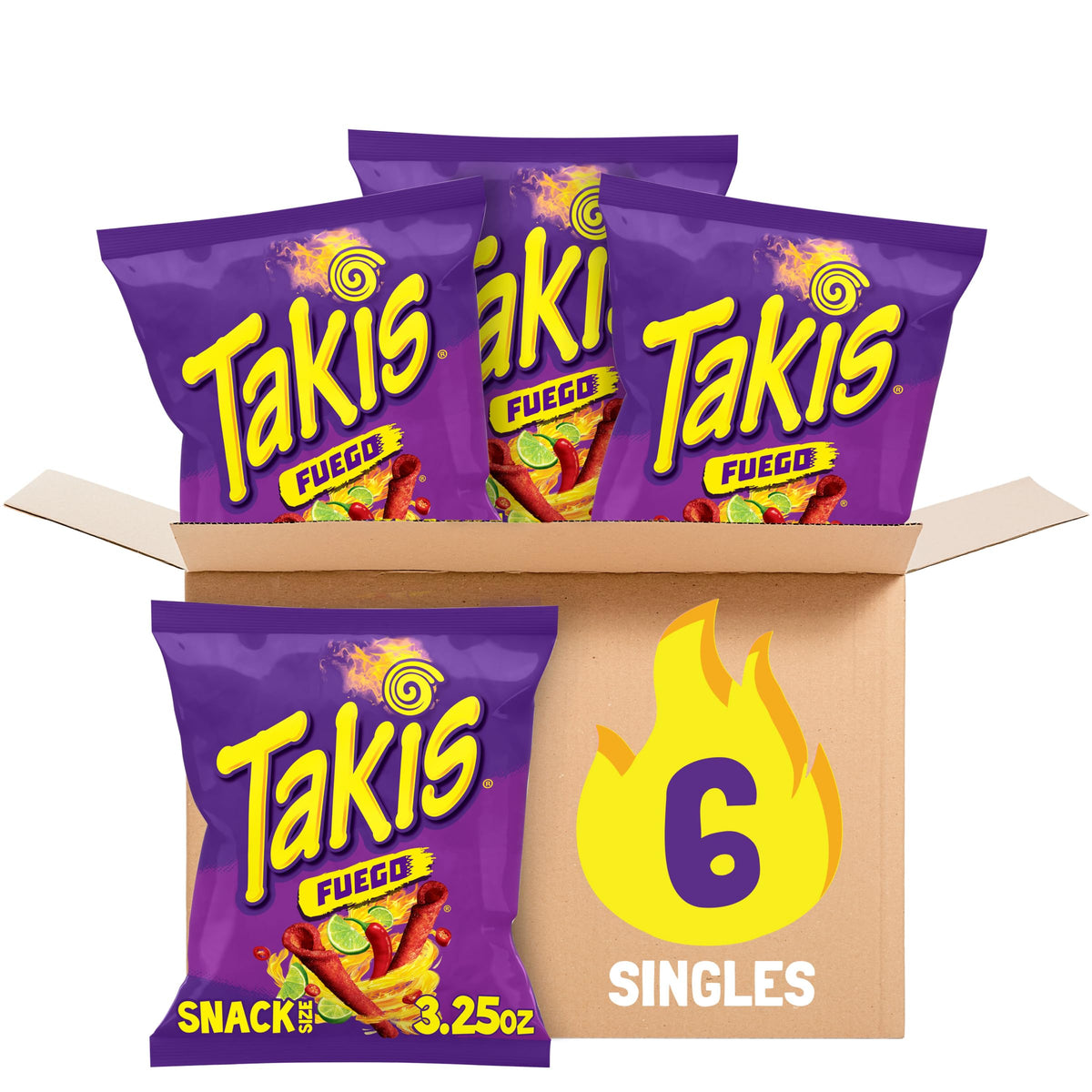Takis Fuego bag open, bold crunchy rolled chips for on-the-go snacking.