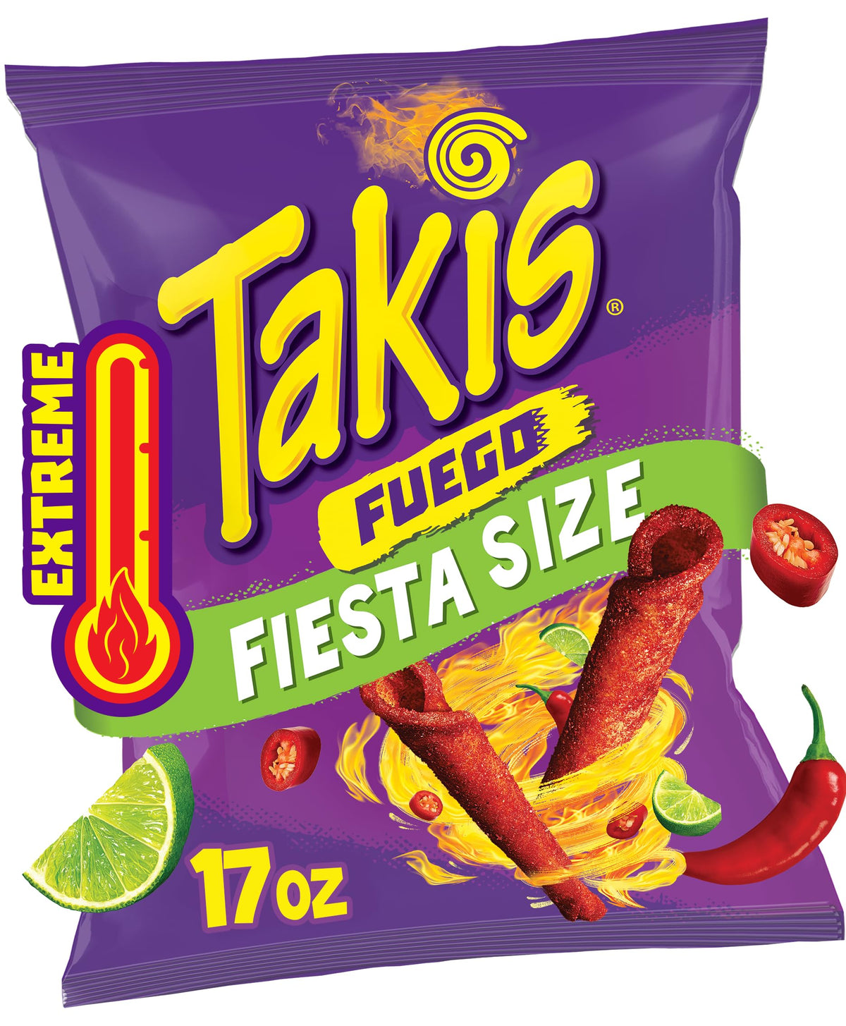 Takis Fuego fiesta size bag front view for bold on the go snacking