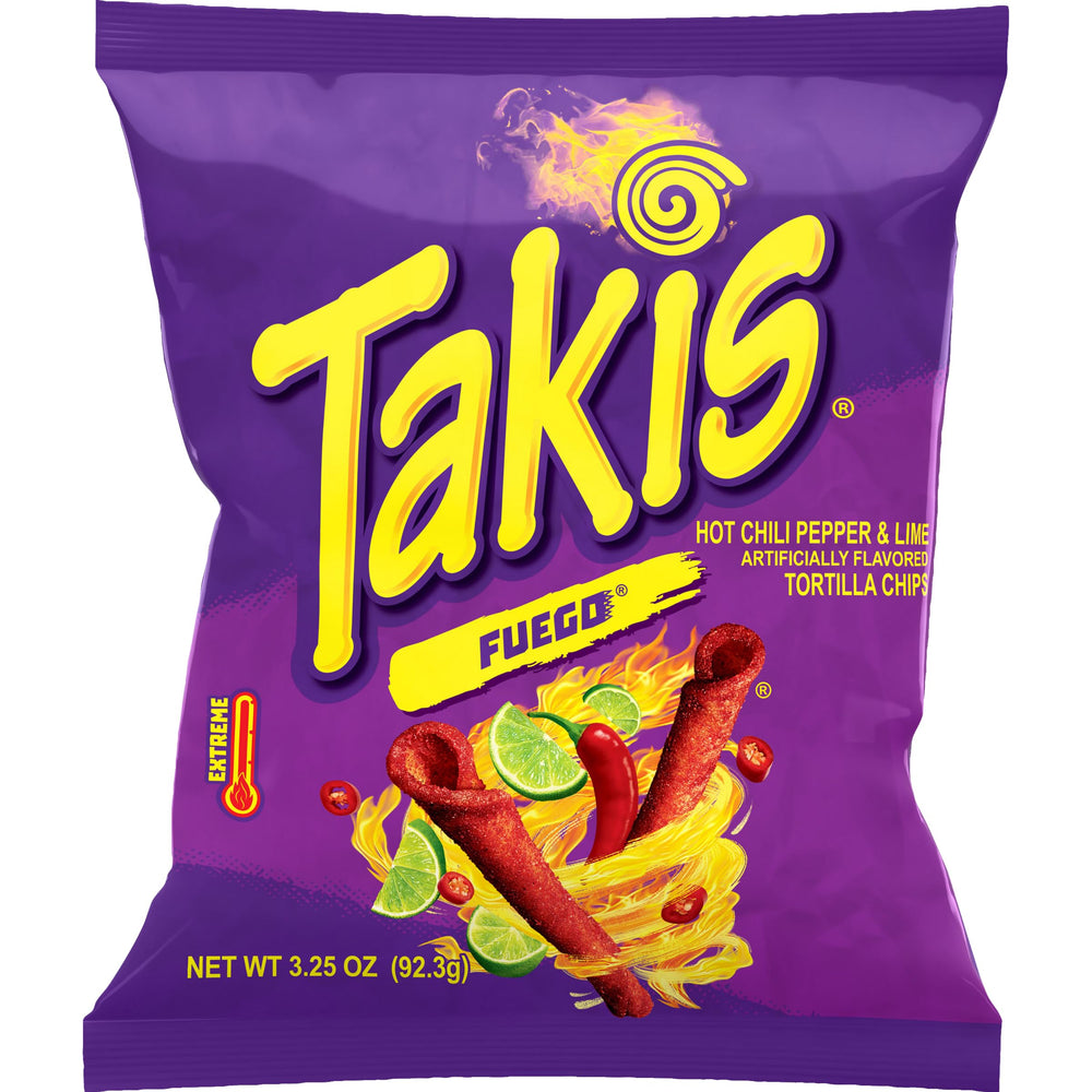 Takis bag front view showing Fuego branding and bold chili-lime appeal
