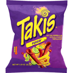 Takis bag front view showing Fuego branding and bold chili-lime appeal
