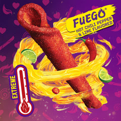 Takis Fuego extreme spice heat-meter image signaling fiery heat and lime aroma.