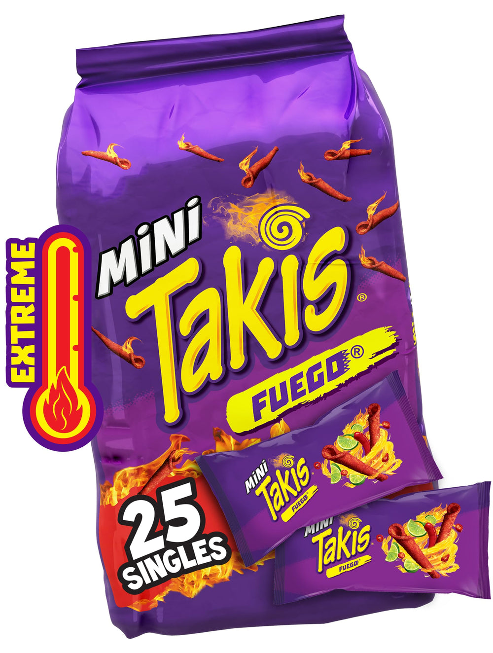 Takis Fuego mini 25pc pack front with bold heat for party snacking.
