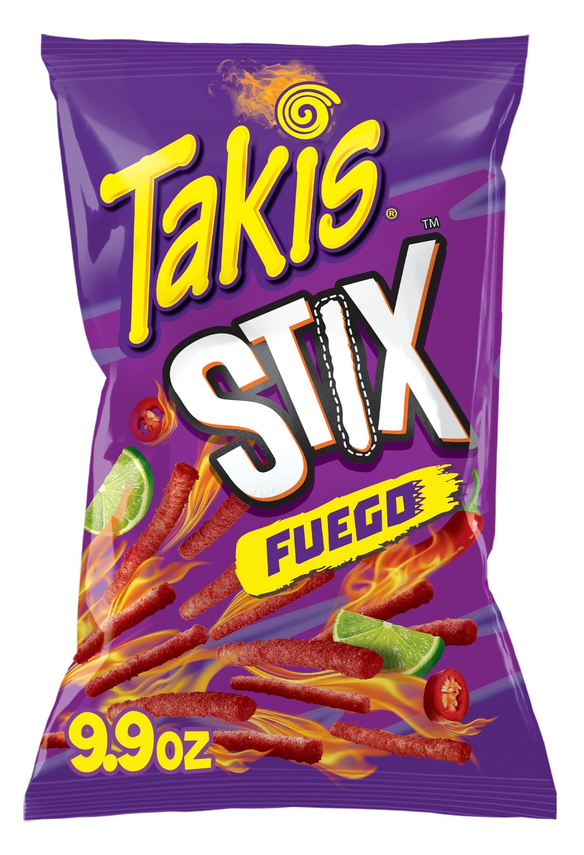 Takis front packaging showing 9.9 oz sharing bag and bold logo benefit instant recognition