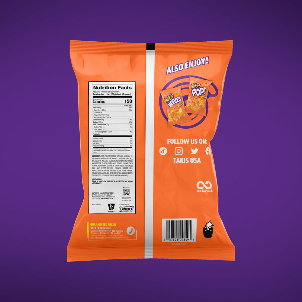 Takis Intense Nacho bag back highlights reseal for fresh, on-the-go snacking.