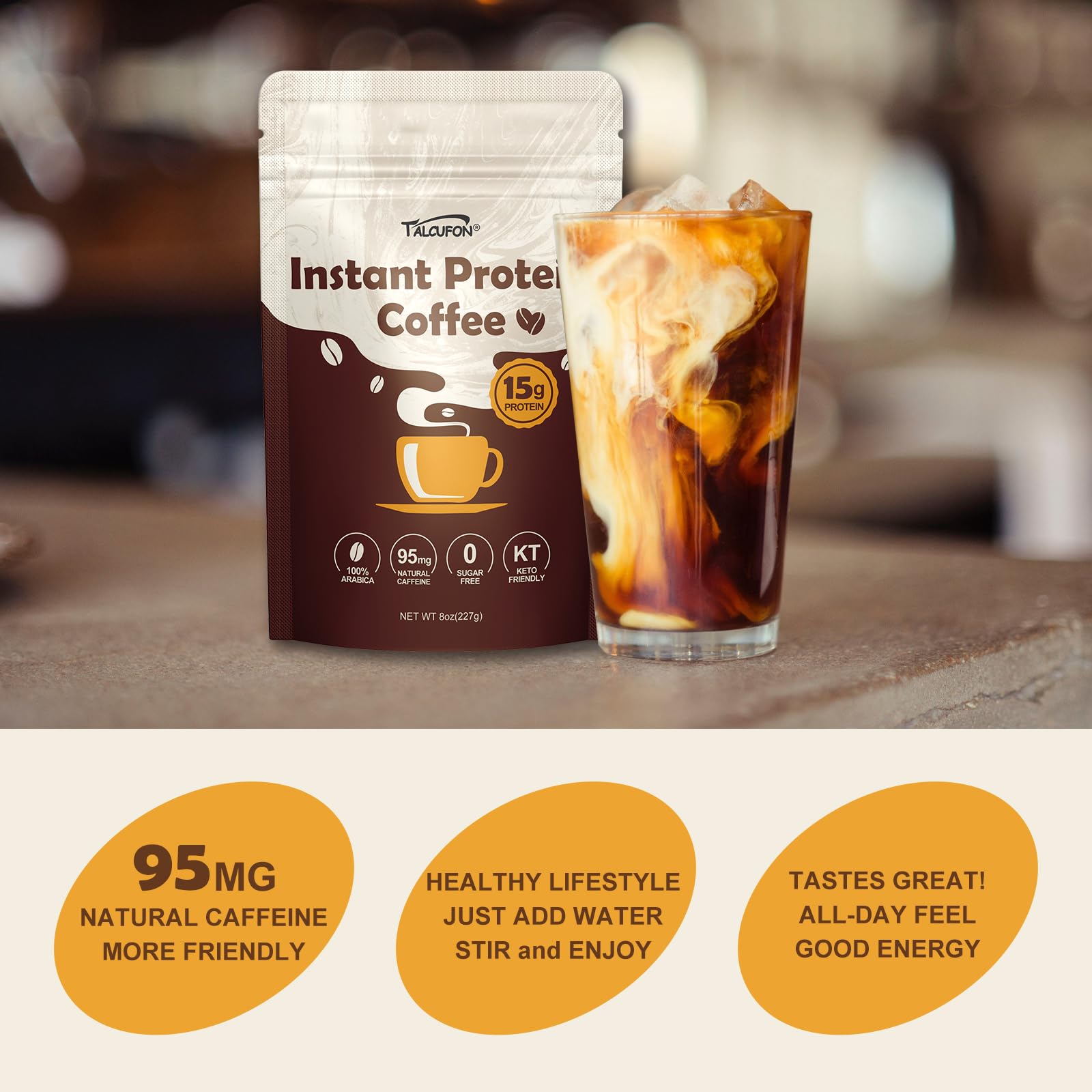 Talcufon Caffeine energy boost cup suggests steady energy without jitters.