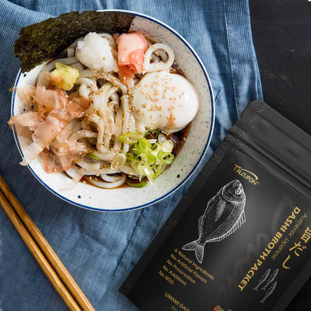 Talcufon Dashi stock label close-up highlights natural ingredients.