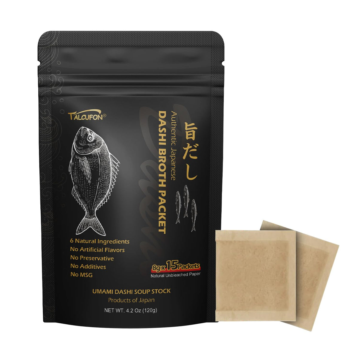 Talcufon Dashi stock packets on shelf for quick, rich umami broth.