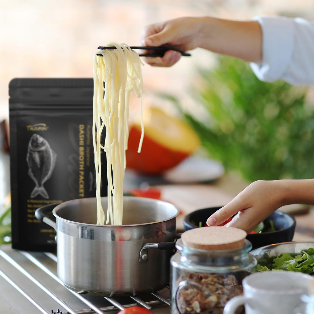 Talcufon Dashi stock with udon or soba boosts warmth.