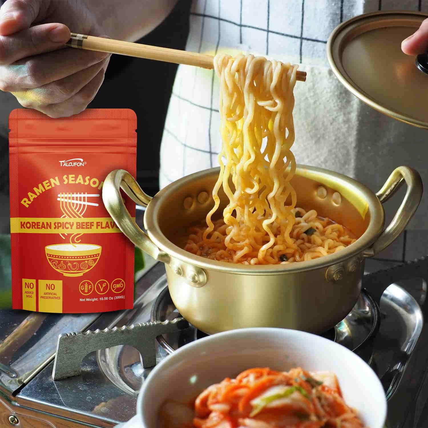 Talcufon Korean Spicy Beef Ramen Seasoning serving cup for easy, tasty meals.