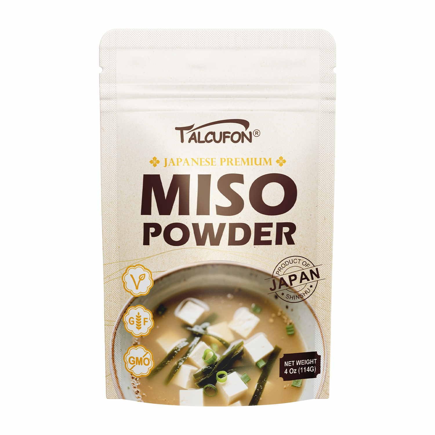TALCUFON Miso Powder jar closeup highlighting authentic Shinshu flavor.