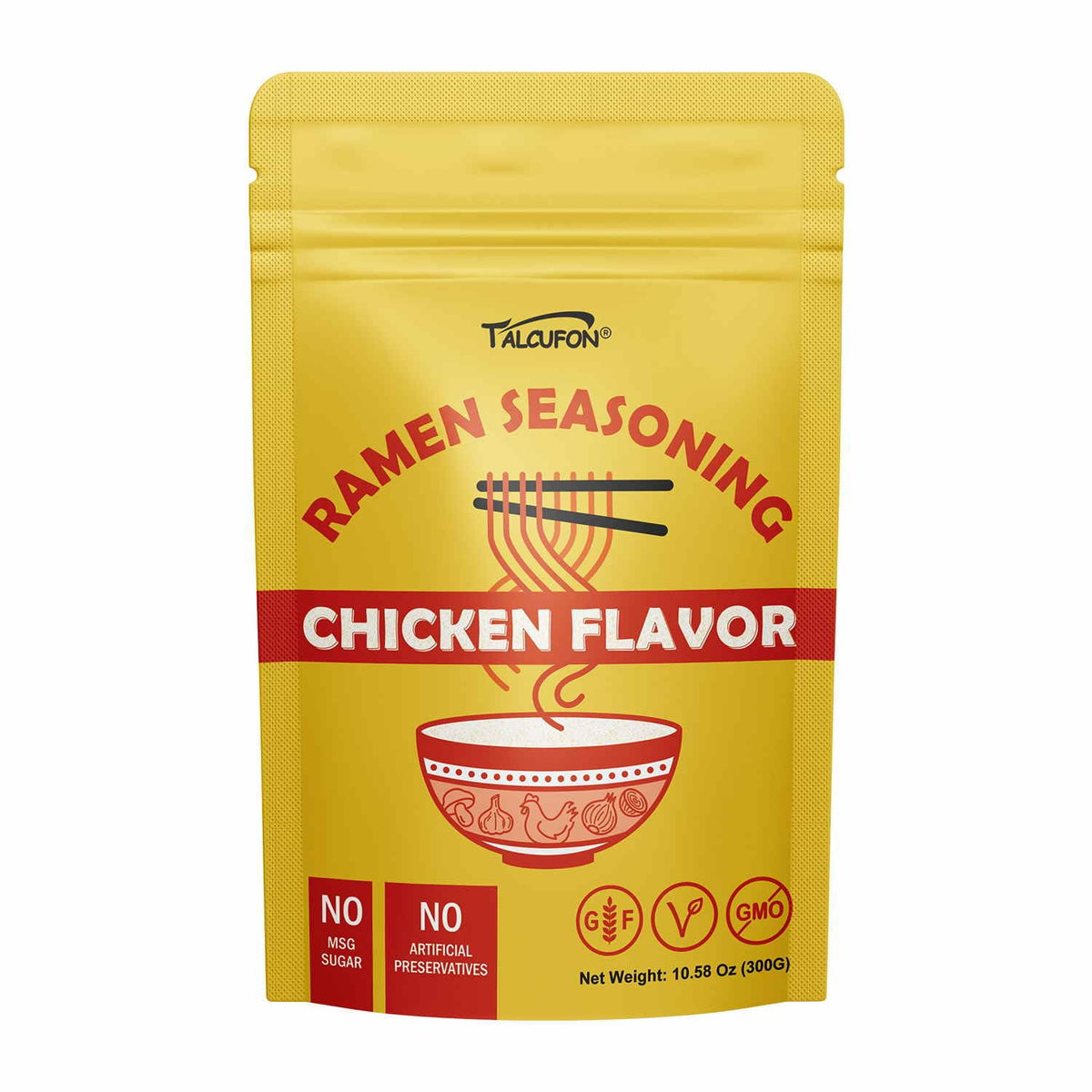 Talcufon ramen seasoning powder close-up for rich broth and lower-sodium option.