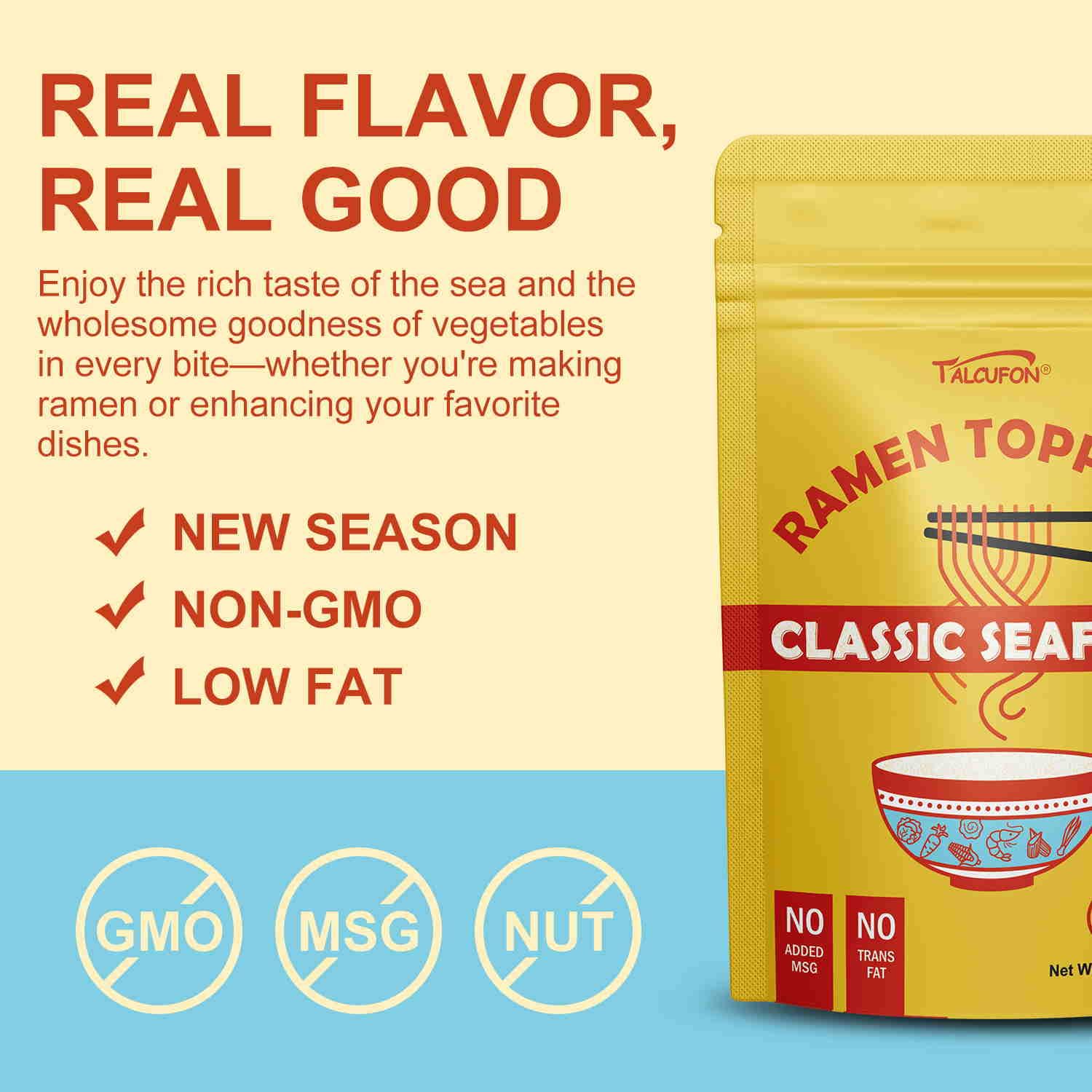 Talcufon ramen toppings ready-to-use shot, saves time in meals.