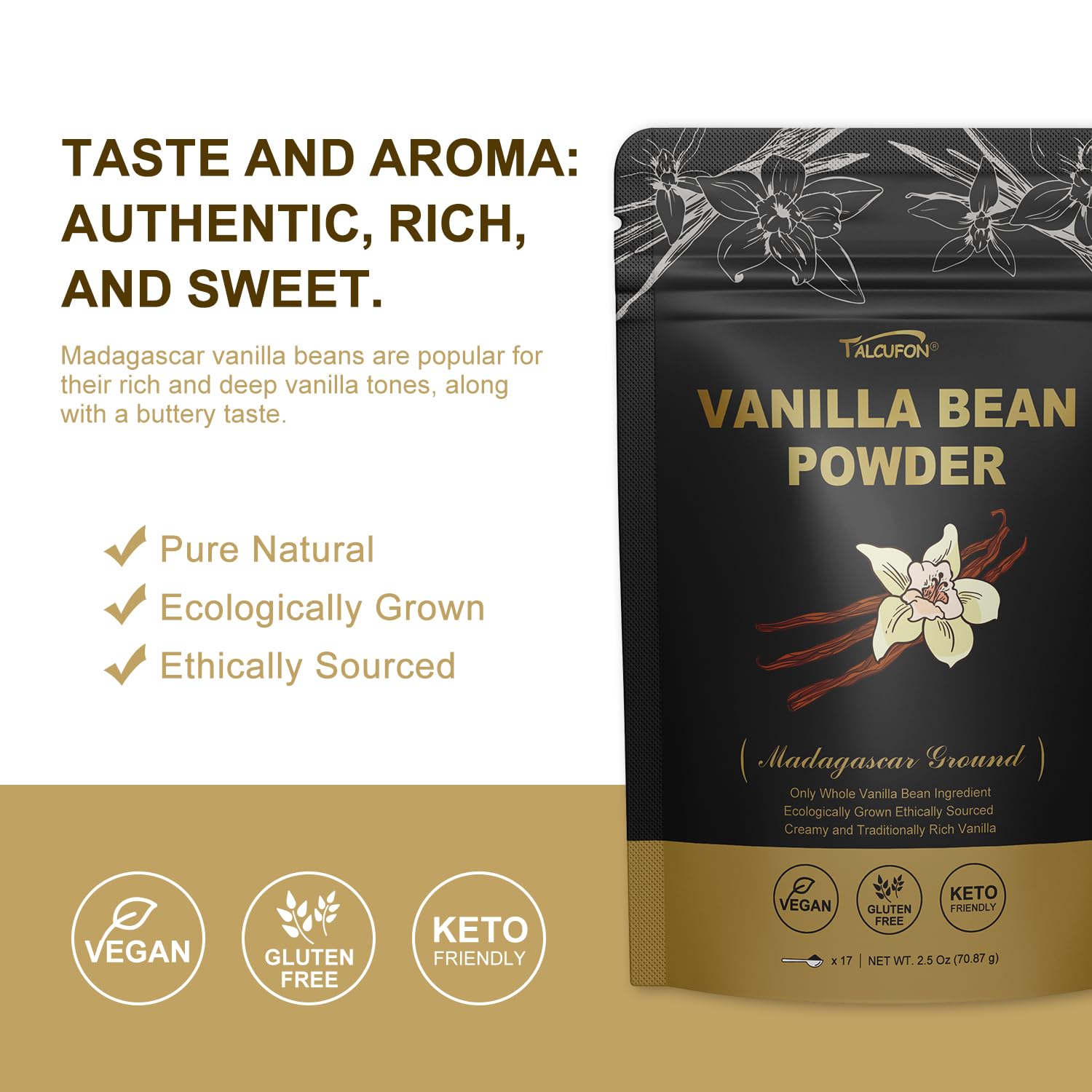 Talcufon vanilla powder packaging bag highlights purity and clean ingredients