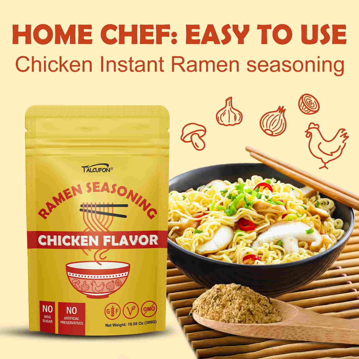 Talcufon vegan gluten-free seasoning packaging highlights clean ingredients.