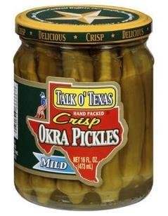 Talk O' Texas Crisp Mild Okra Pickles in a 16 oz glass jar, ideal for snacking