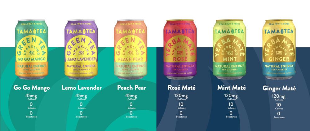 Tama Tea 12-pack cans on shelf offer convenient energy options.