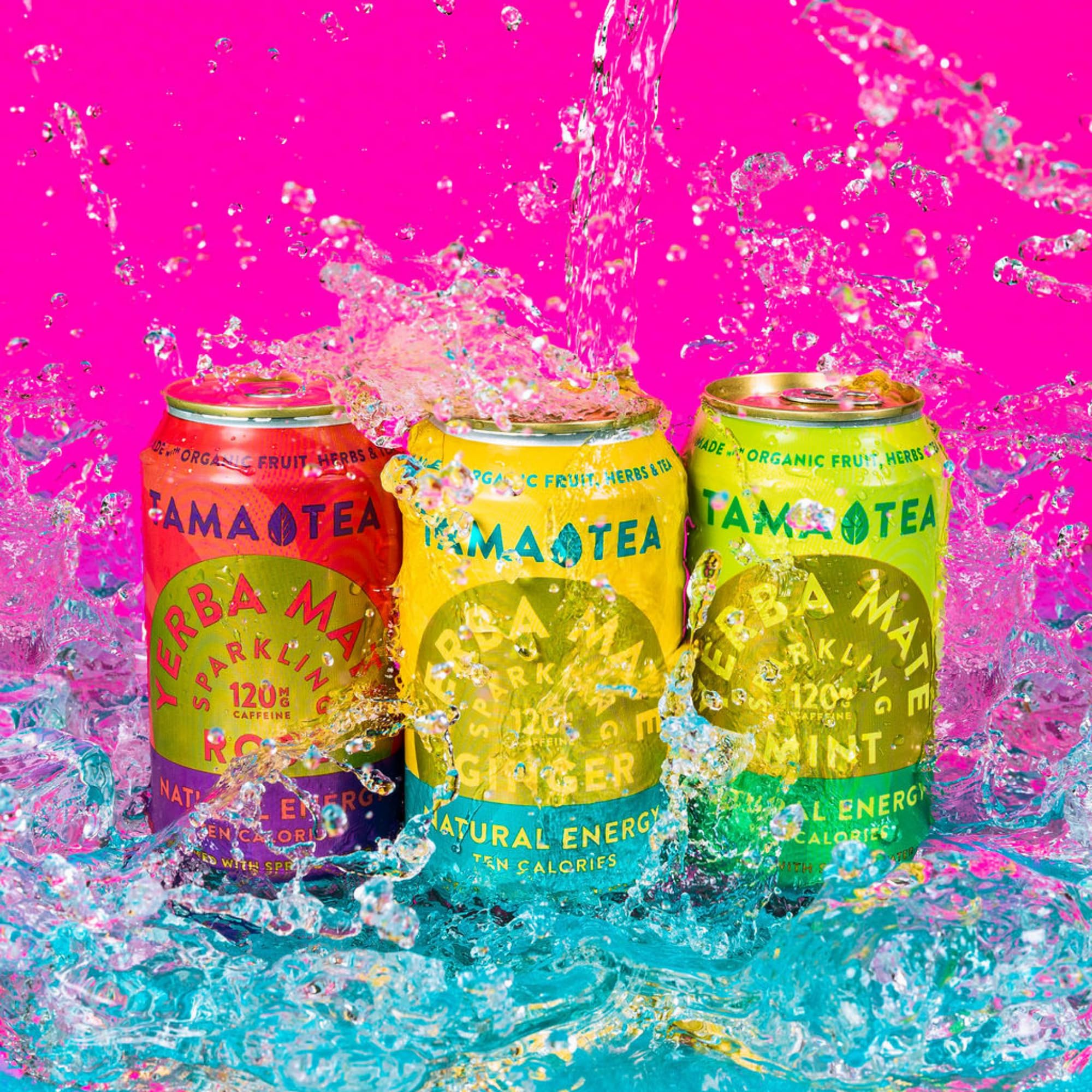 Tama Tea Organic Yerba Mate filtered water sparkle suggests natural fizz.