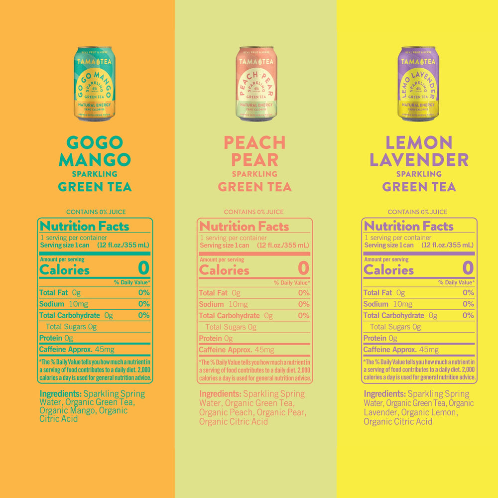 Tama Tea unsweetened sparkling green tea can Go-Go Mango delivers a lively fruity aroma