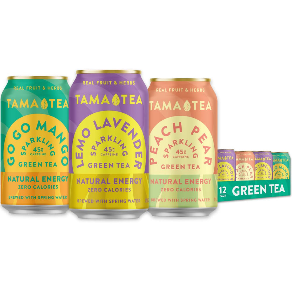 Tama Tea unsweetened sparkling green tea can with peach-pear offers a crisp, energizing taste