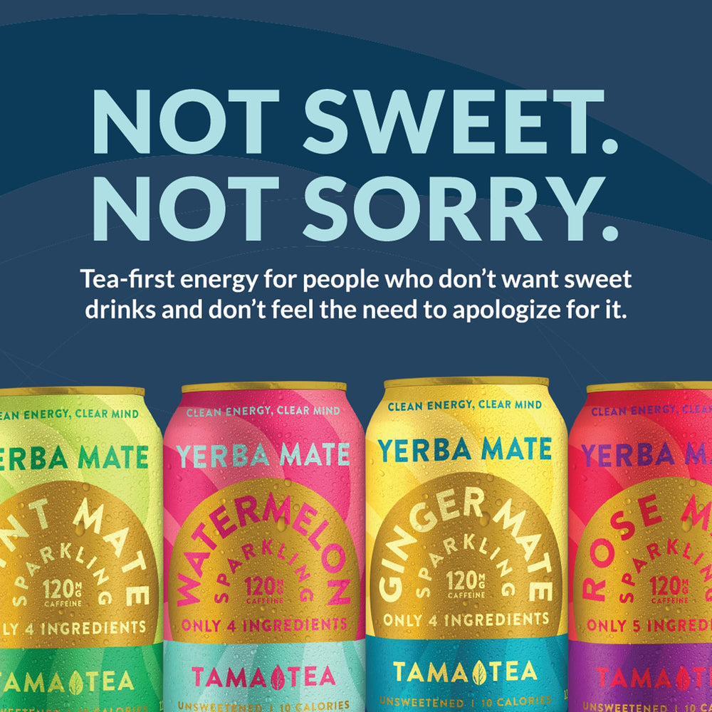 Tama Tea Unsweetened Yerba Mate Sparkling can shows zero added sugar.
