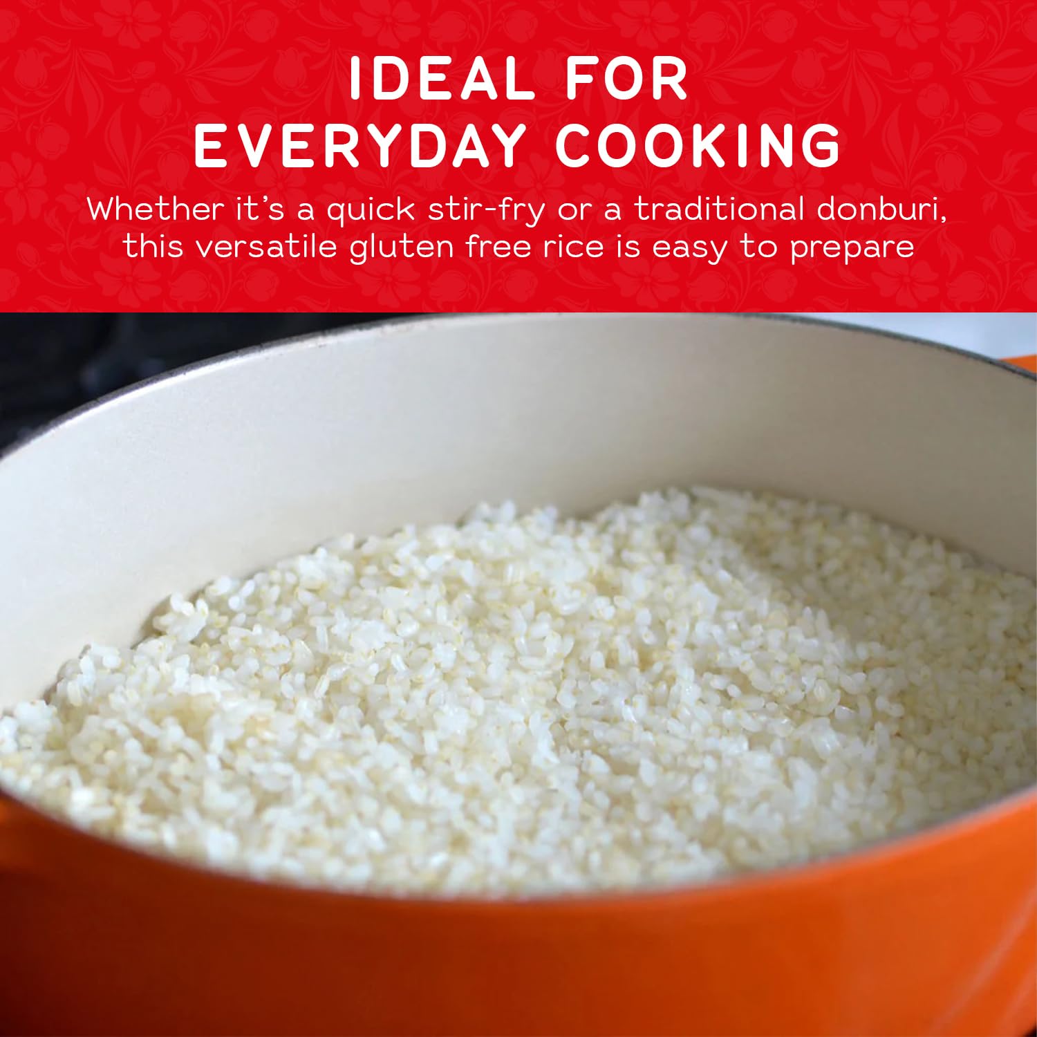 Tamaki Haiga shortgrain rice being poured into a pot, showcasing versatile kitchen use.