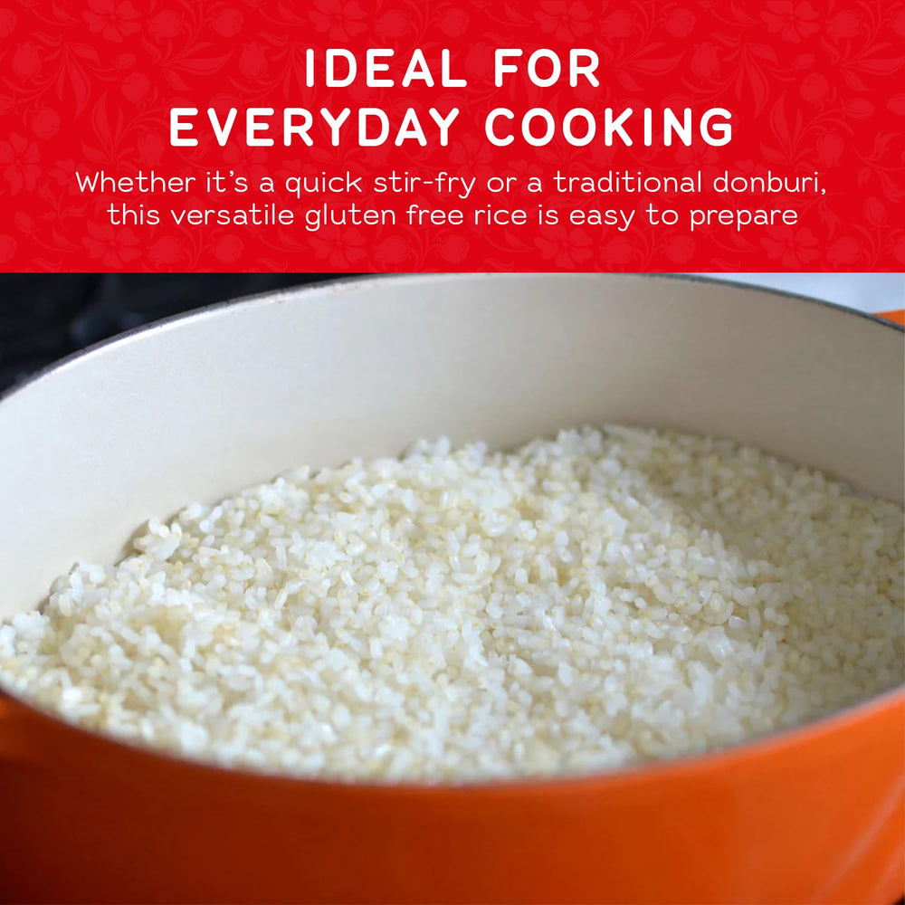 Tamaki Haiga shortgrain rice being poured into a pot, showcasing versatile kitchen use.