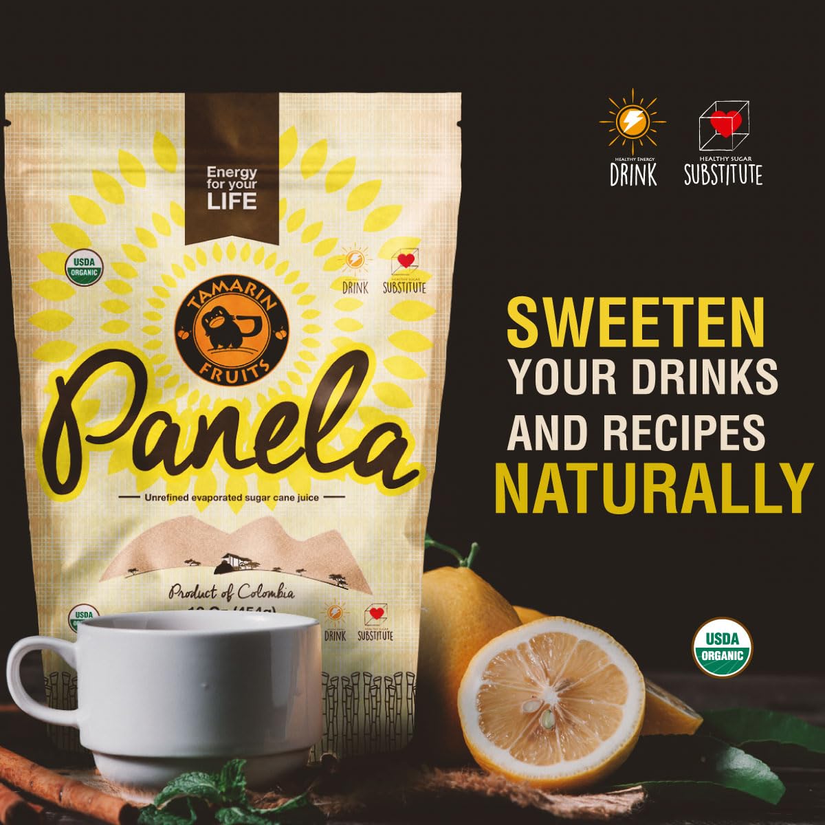 Tamarin Fruits Panela being poured into a glass for a natural energy drink.