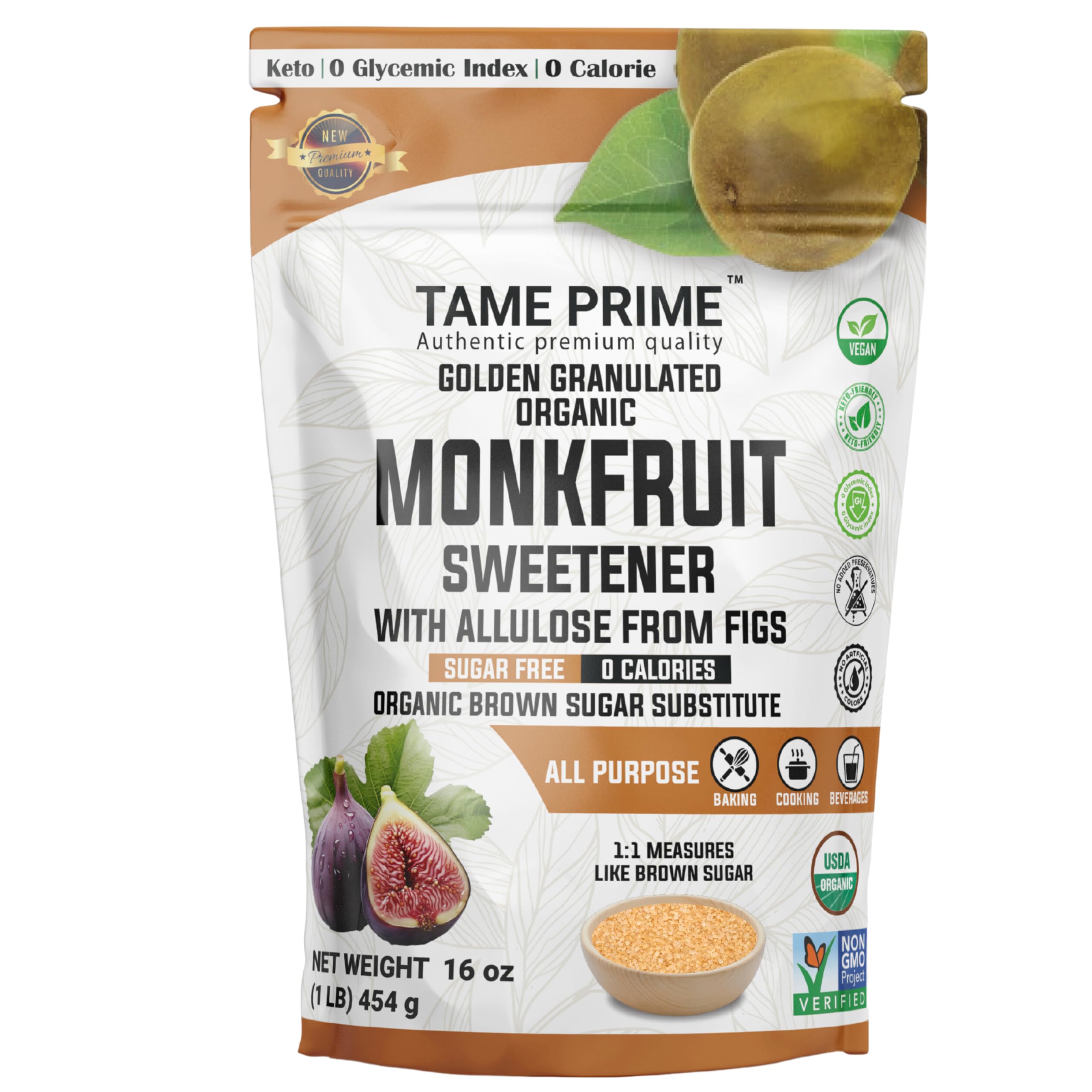 Tame Prime Brown Monkfruit bottle pour, keto-friendly sweetener option.