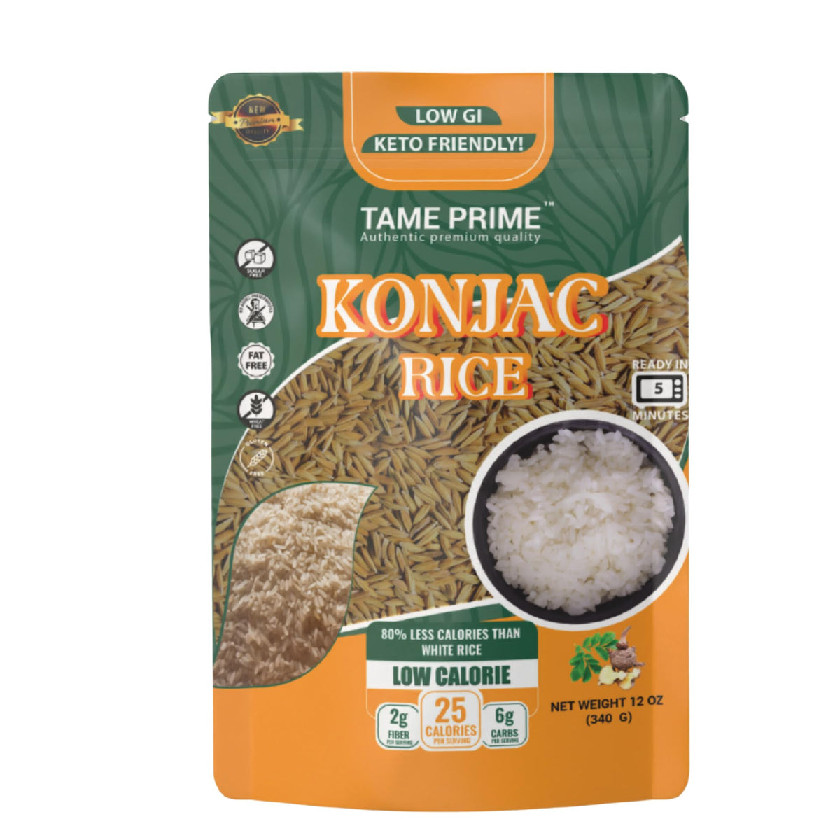 Tame Prime dried Shirataki rice in a 12oz pack, ideal keto-friendly substitute.