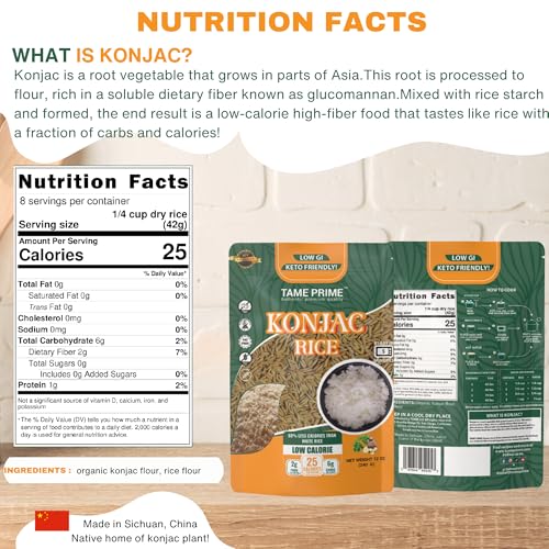 Tame Prime Konjac rice uncooked packets for quick, low-calorie meals.