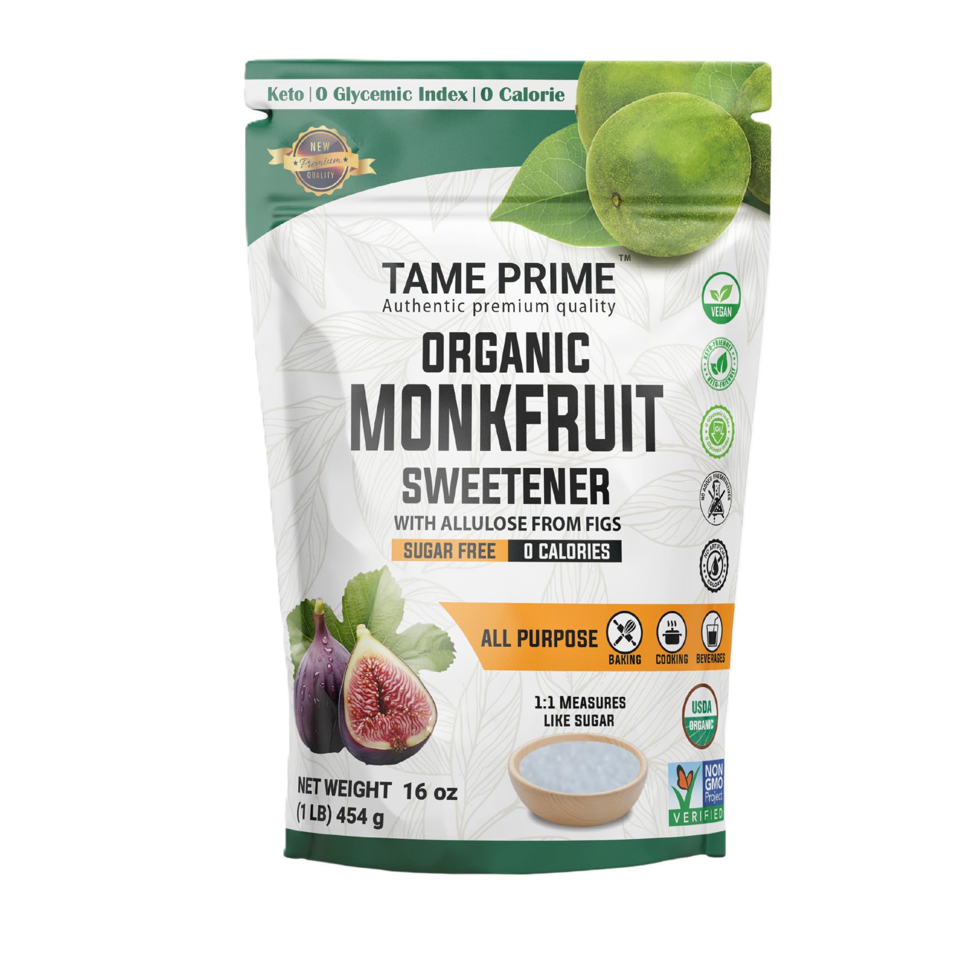 Tame Prime Monkfruit bottle shows zero-calorie, keto-friendly sweetener in a 1 lb container