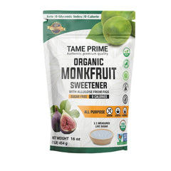 Tame Prime Monkfruit bottle shows zero-calorie, keto-friendly sweetener in a 1 lb container