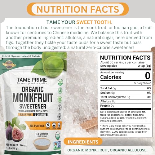 Tame Prime Monkfruit label close-up highlights organic origin and allulose blend for 1:1 sweetness