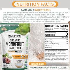 Tame Prime Monkfruit label close-up highlights organic origin and allulose blend for 1:1 sweetness