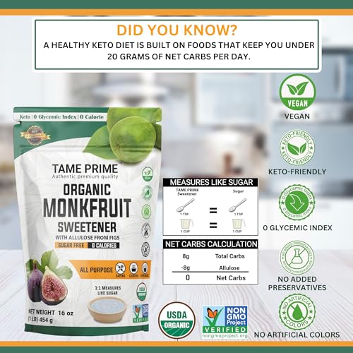 Tame Prime Monkfruit measuring spoon demonstrates precise 1:1 sugar replacement for recipes