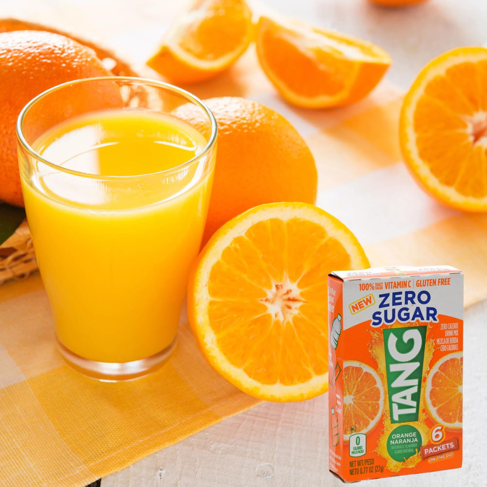 Six-pack Tang box with packets visible and brand branding.