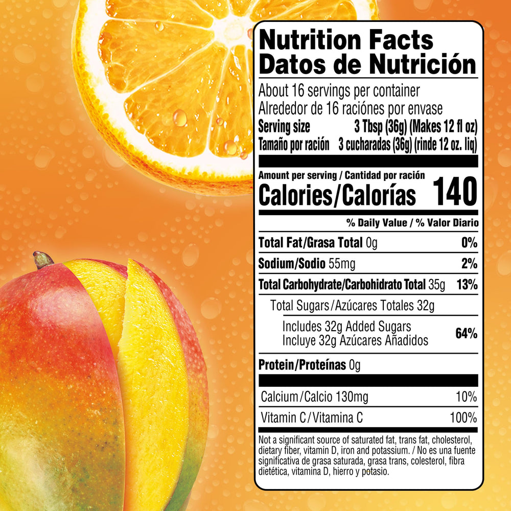 Tang Orange Mango drink mix features an easy-measure lid for precise servings.