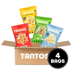 Tantos Puffed Pasta Chips cacio e pepe flavor in a 4oz bag, cheese-forward crunch.