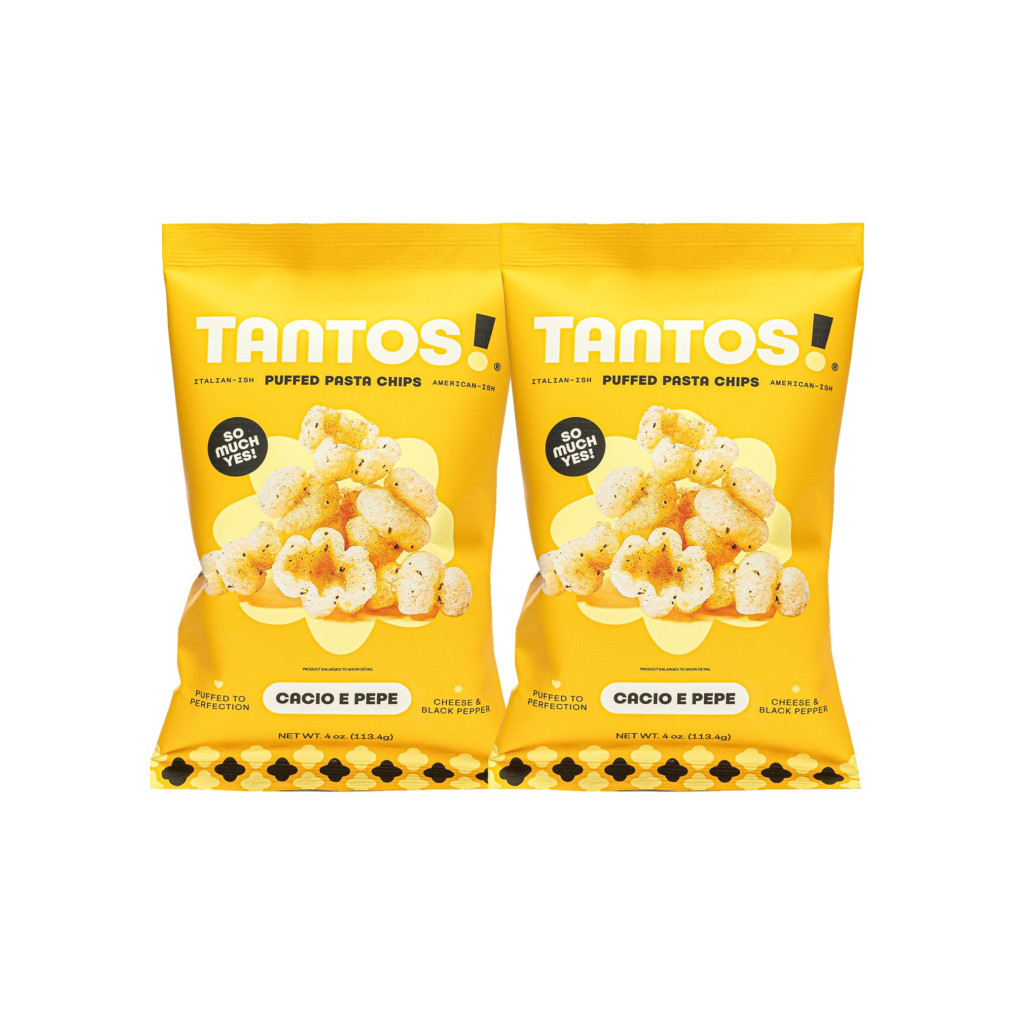 Tantos Puffed Pasta Chips Cacio e Pepe bag showing bold Italian flavors for a light snack.