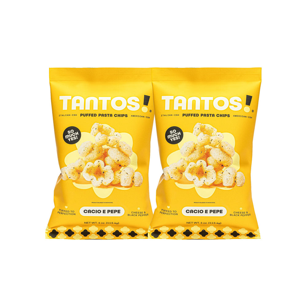 Tantos Puffed Pasta Chips Cacio e Pepe bag showing bold Italian flavors for a light snack.