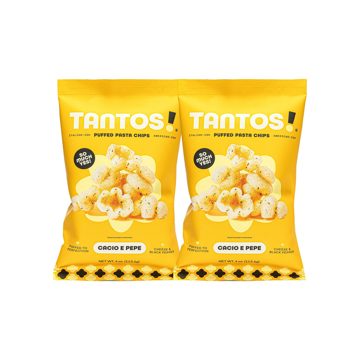 Tantos Puffed Pasta Chips Cacio e Pepe bag showing bold Italian flavors for a light snack.