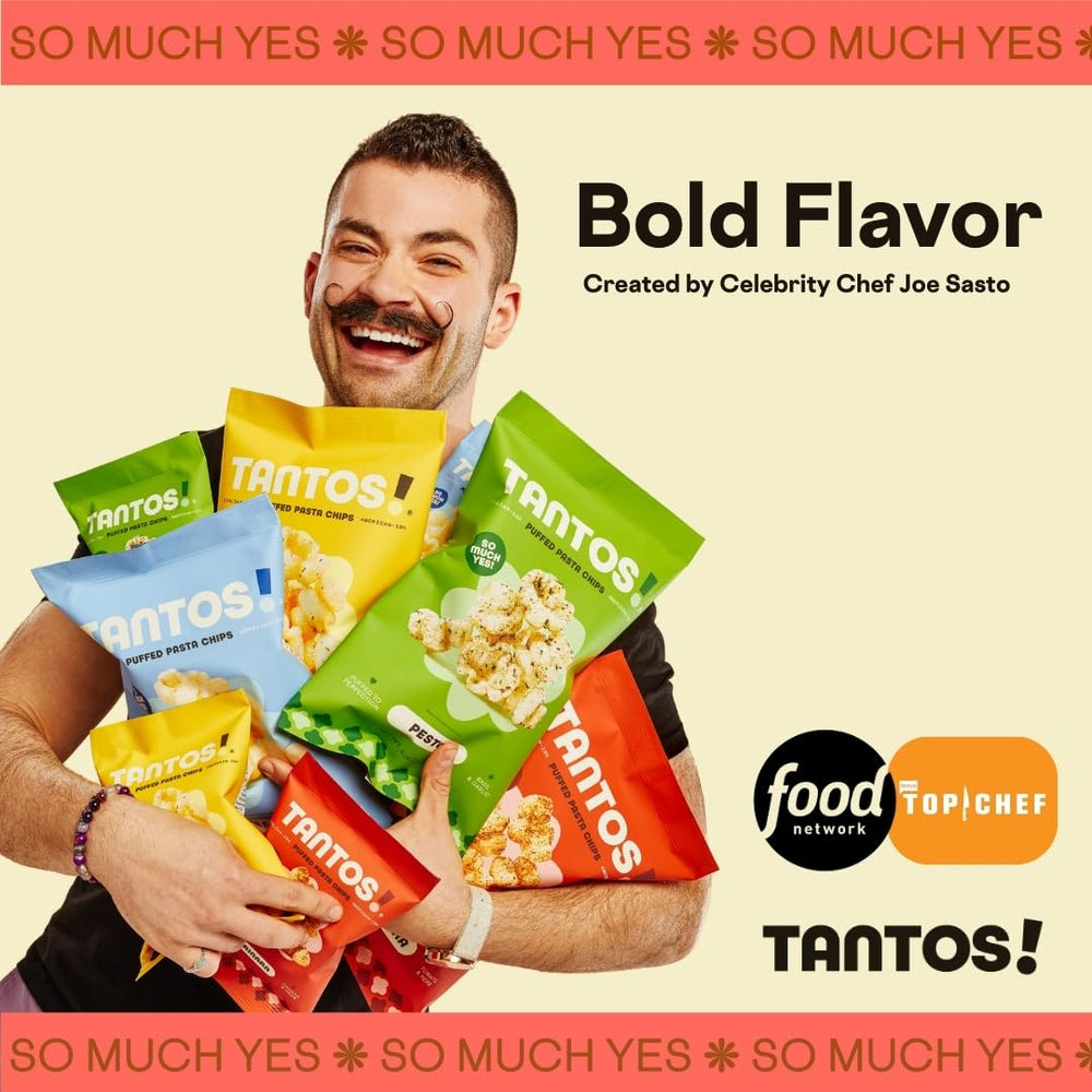 Tantos puffed pasta chips close-up, airy crunch with Italian seasoning.