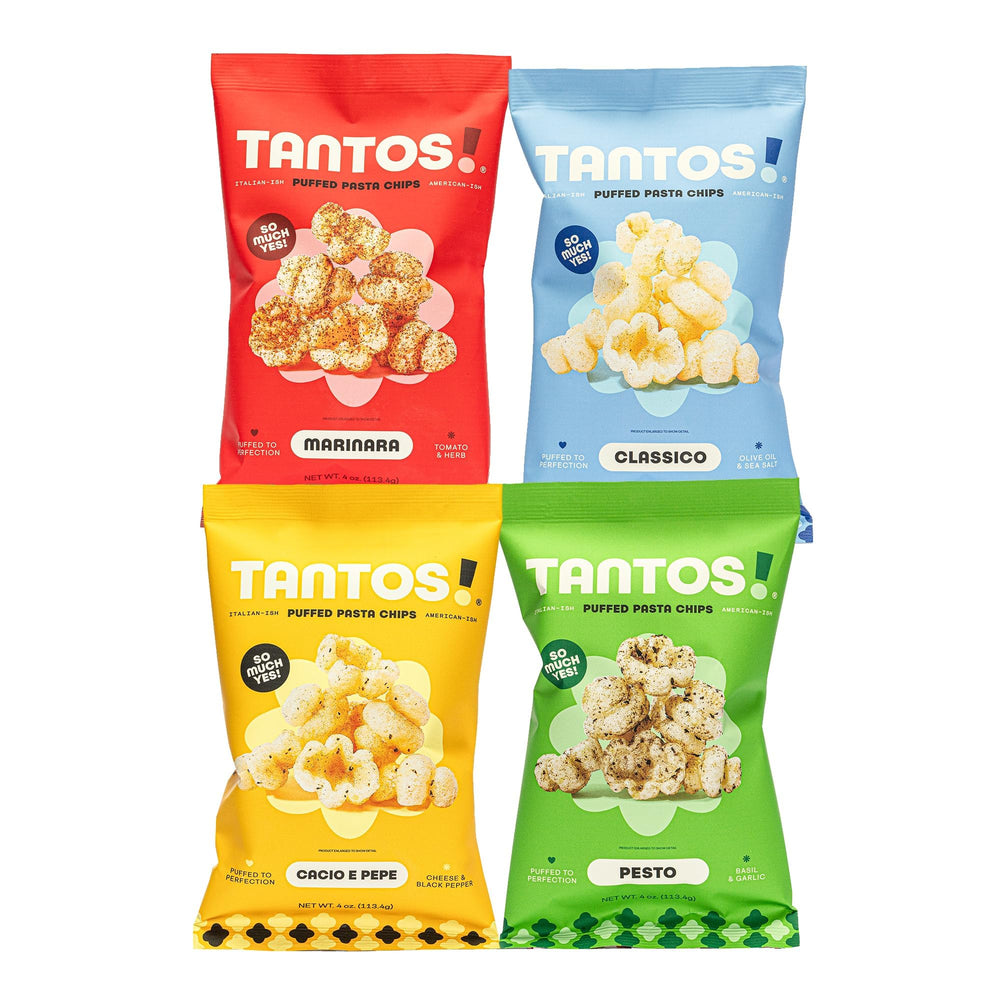 Tantos Puffed Pasta Chips pesto flavor in a 4oz bag, crisp and flavorful, great for on-the-go snacking.