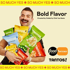 Tantos Puffed Pasta Chips plant-based labeling highlights clean ingredients.