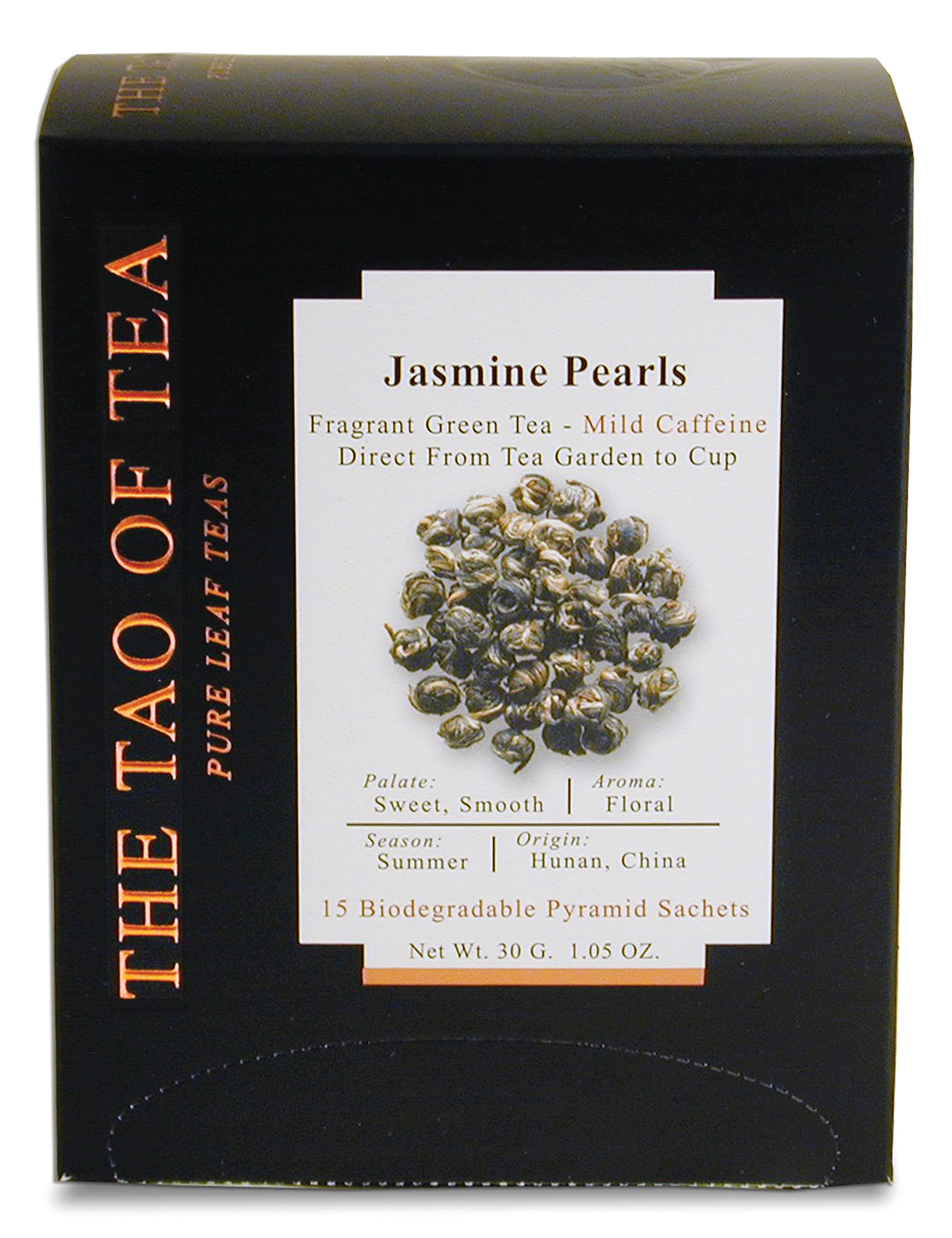 The Tao of Tea Jasmine Pearls box with pyramid sachets for fragrant infusion.